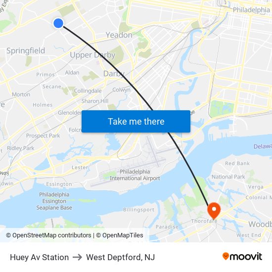 Huey Av Station to West Deptford, NJ map