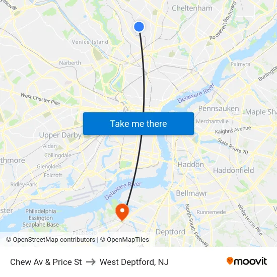 Chew Av & Price St to West Deptford, NJ map