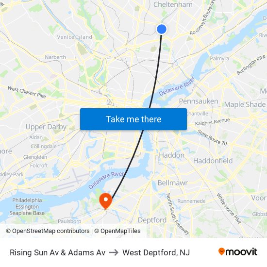 Rising Sun Av & Adams Av to West Deptford, NJ map