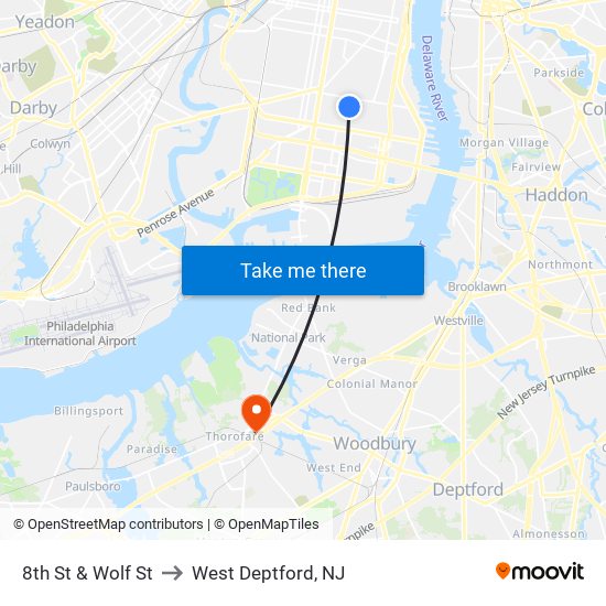 8th St & Wolf St to West Deptford, NJ map