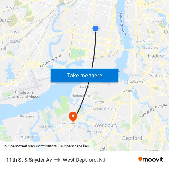 11th St & Snyder Av to West Deptford, NJ map