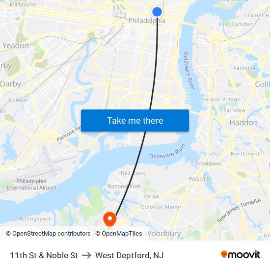 11th St & Noble St to West Deptford, NJ map