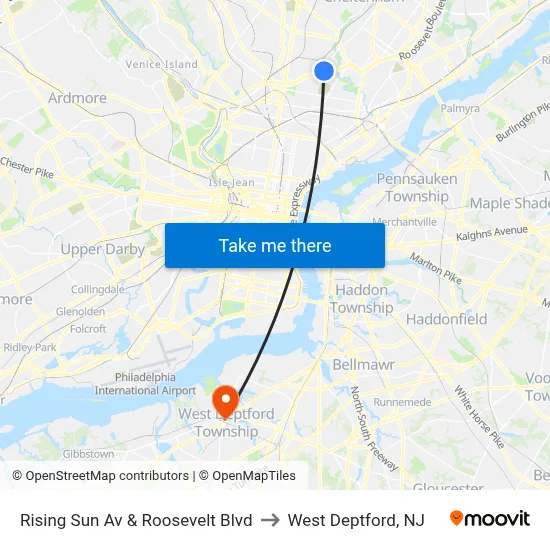 Rising Sun Av & Roosevelt Blvd to West Deptford, NJ map