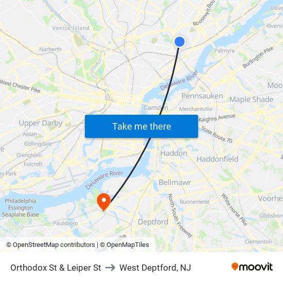 Orthodox St & Leiper St to West Deptford, NJ map