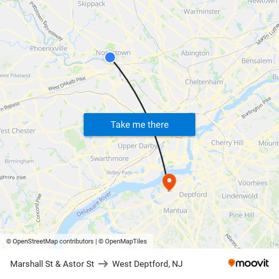 Marshall St & Astor St to West Deptford, NJ map