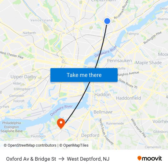Oxford Av & Bridge St to West Deptford, NJ map