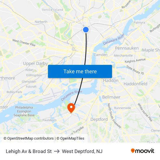 Lehigh Av & Broad St to West Deptford, NJ map
