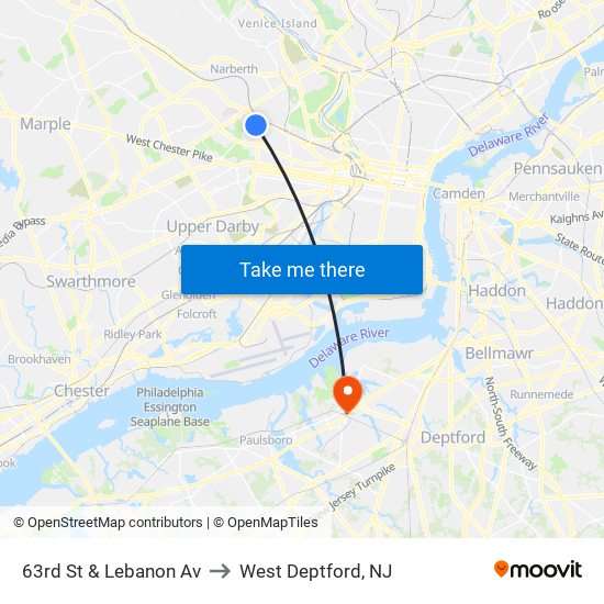 63rd St & Lebanon Av to West Deptford, NJ map