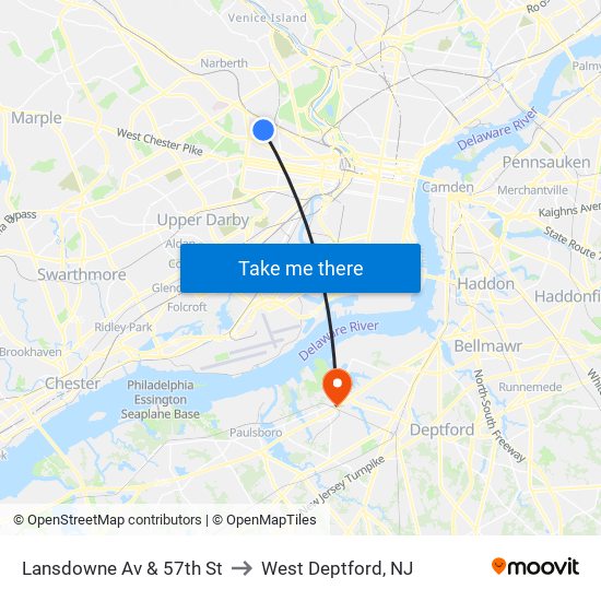 Lansdowne Av & 57th St to West Deptford, NJ map