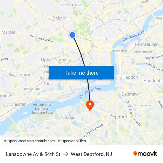 Lansdowne Av & 54th St to West Deptford, NJ map