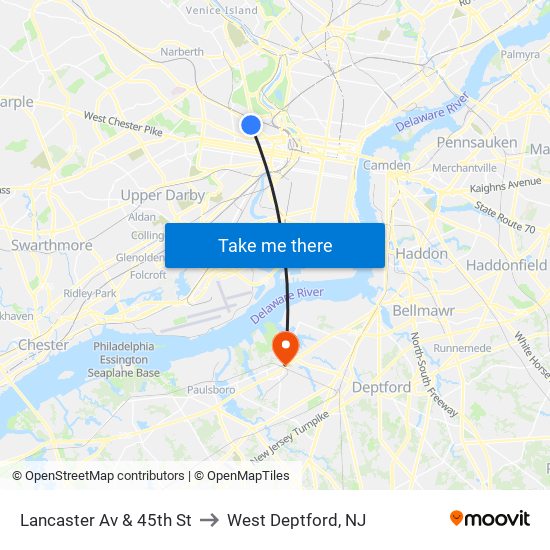 Lancaster Av & 45th St to West Deptford, NJ map