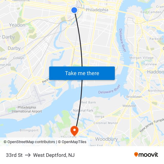 33rd St to West Deptford, NJ map