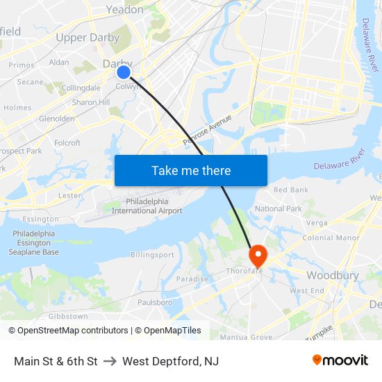 Main St & 6th St to West Deptford, NJ map