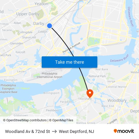 Woodland Av & 72nd St to West Deptford, NJ map