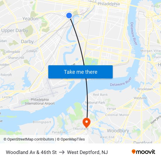 Woodland Av & 46th St to West Deptford, NJ map