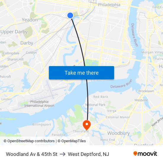Woodland Av & 45th St to West Deptford, NJ map