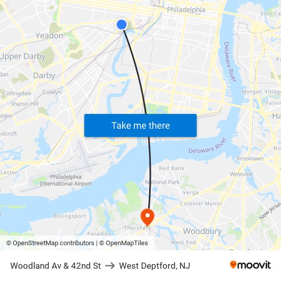 Woodland Av & 42nd St to West Deptford, NJ map