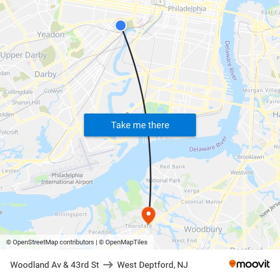 Woodland Av & 43rd St to West Deptford, NJ map