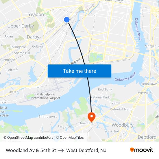 Woodland Av & 54th St to West Deptford, NJ map