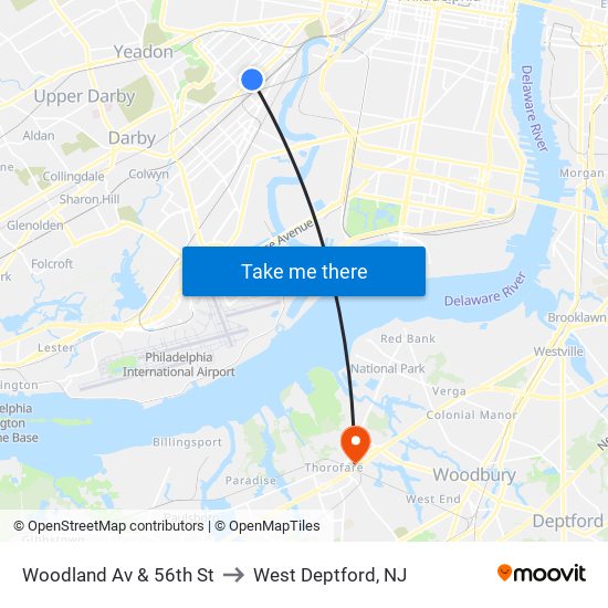 Woodland Av & 56th St to West Deptford, NJ map