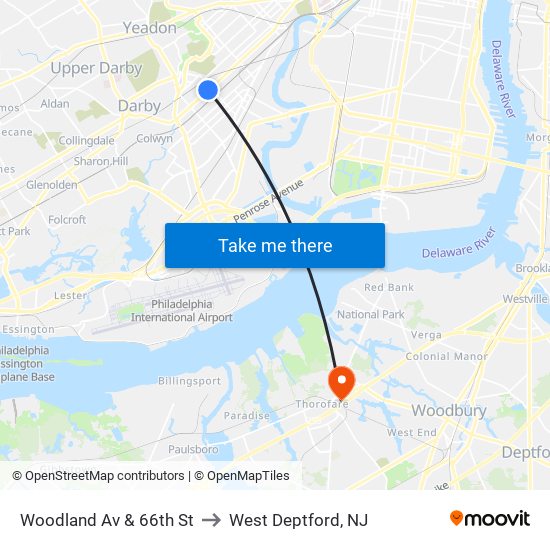 Woodland Av & 66th St to West Deptford, NJ map