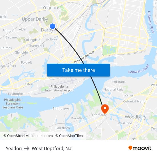 Yeadon to West Deptford, NJ map