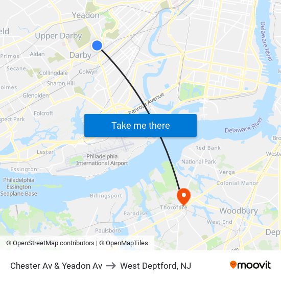 Chester Av & Yeadon Av to West Deptford, NJ map