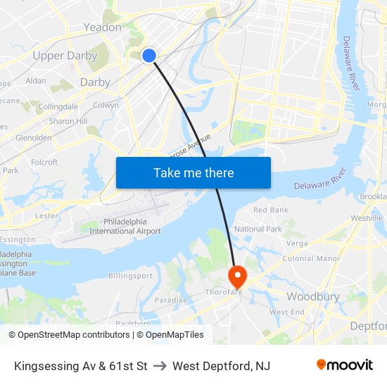 Kingsessing Av & 61st St to West Deptford, NJ map