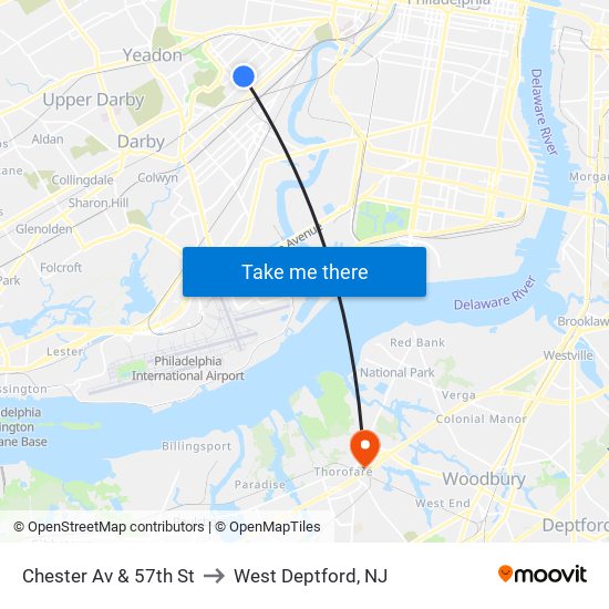 Chester Av & 57th St to West Deptford, NJ map