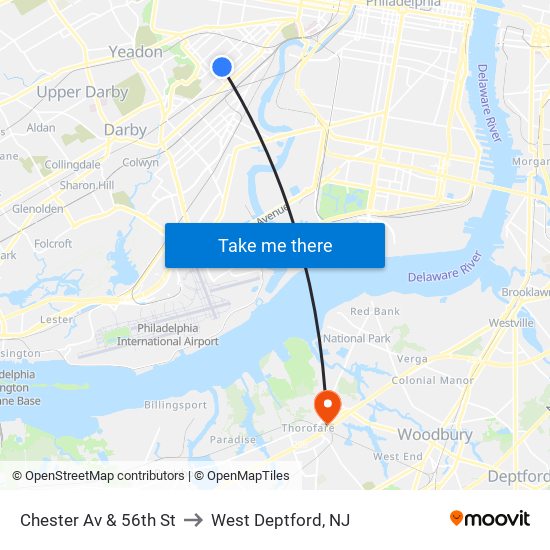 Chester Av & 56th St to West Deptford, NJ map