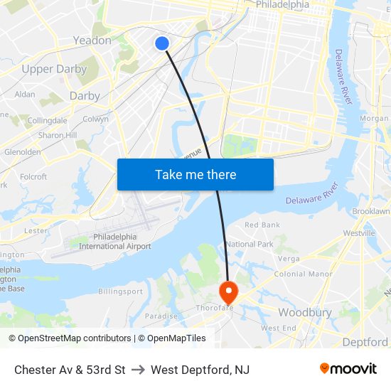 Chester Av & 53rd St to West Deptford, NJ map
