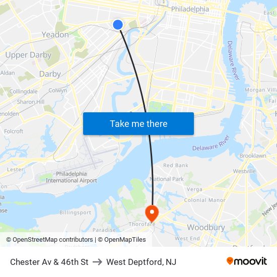 Chester Av & 46th St to West Deptford, NJ map