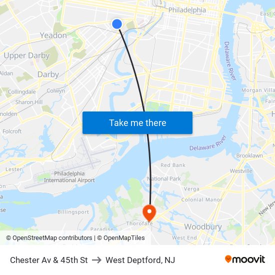 Chester Av & 45th St to West Deptford, NJ map