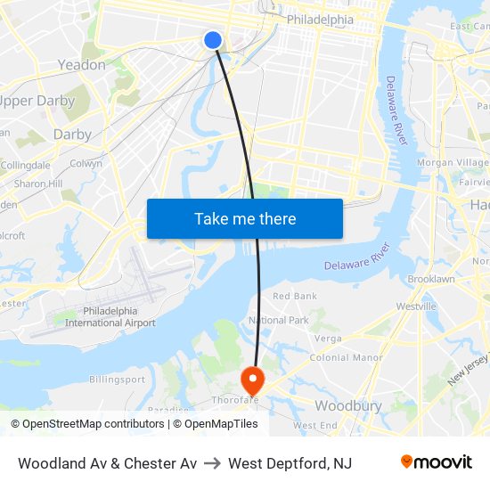 Woodland Av & Chester Av to West Deptford, NJ map