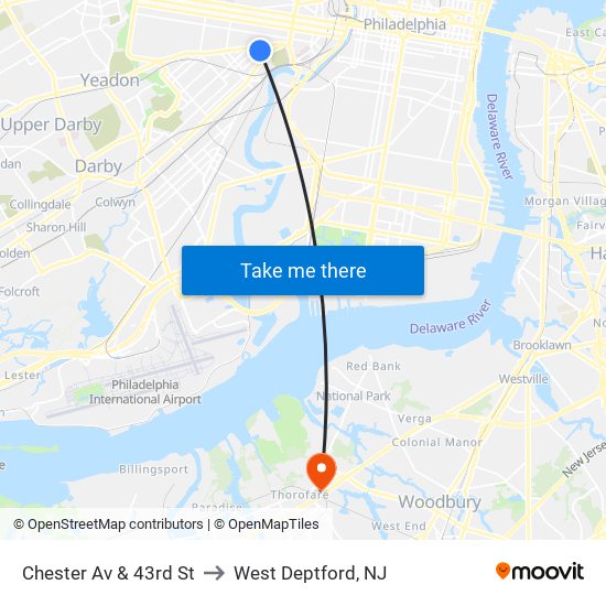 Chester Av & 43rd St to West Deptford, NJ map