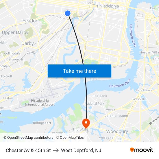 Chester Av & 45th St to West Deptford, NJ map