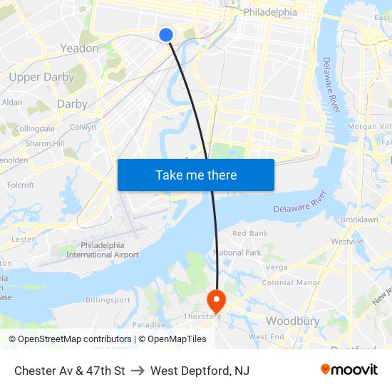 Chester Av & 47th St to West Deptford, NJ map
