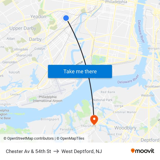 Chester Av & 54th St to West Deptford, NJ map