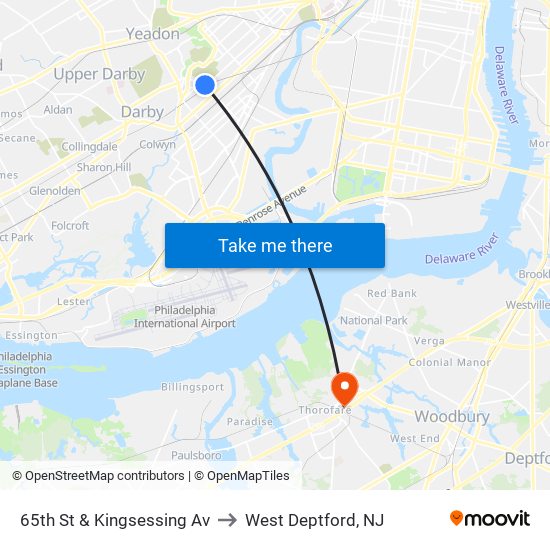 65th St & Kingsessing Av to West Deptford, NJ map