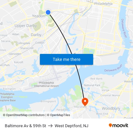 Baltimore Av & 59th St to West Deptford, NJ map