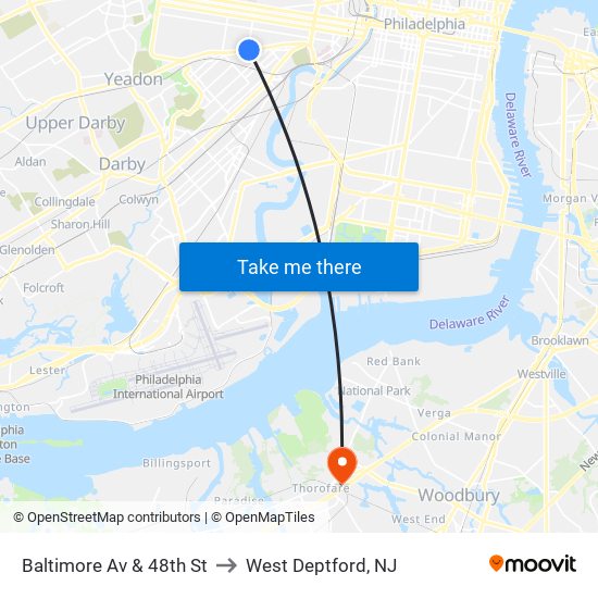 Baltimore Av & 48th St to West Deptford, NJ map