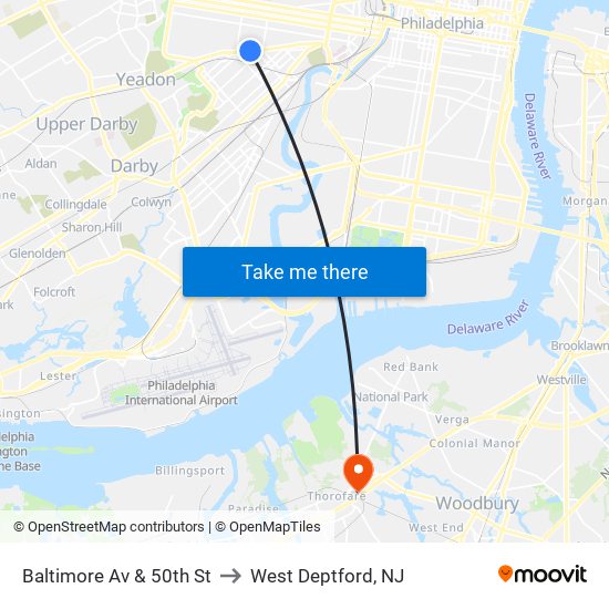 Baltimore Av & 50th St to West Deptford, NJ map