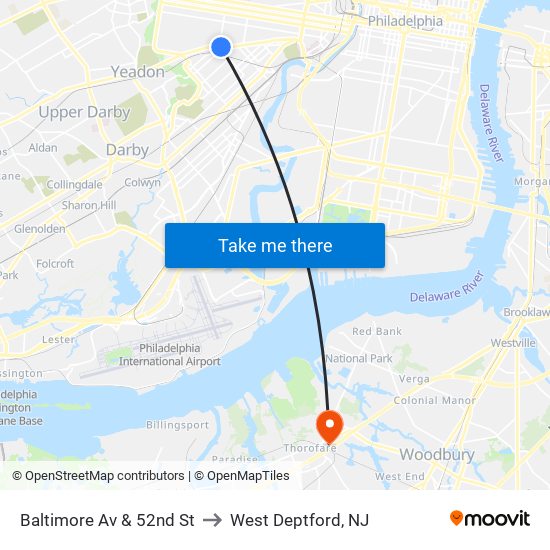 Baltimore Av & 52nd St to West Deptford, NJ map