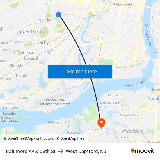 Baltimore Av & 58th St to West Deptford, NJ map