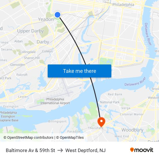 Baltimore Av & 59th St to West Deptford, NJ map