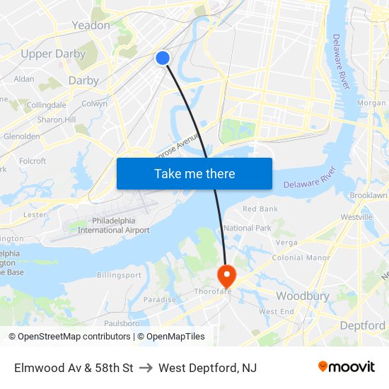 Elmwood Av & 58th St to West Deptford, NJ map