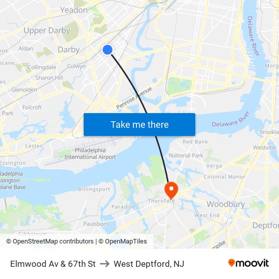 Elmwood Av & 67th St to West Deptford, NJ map
