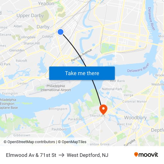 Elmwood Av & 71st St to West Deptford, NJ map