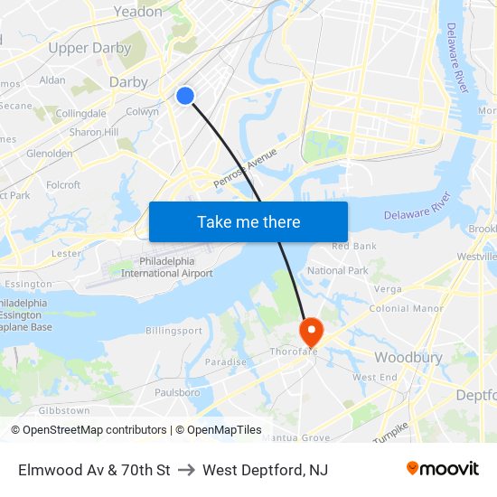 Elmwood Av & 70th St to West Deptford, NJ map