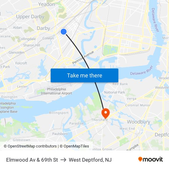 Elmwood Av & 69th St to West Deptford, NJ map